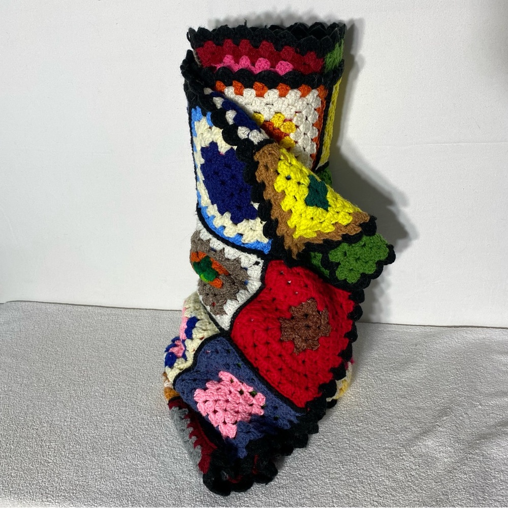 Vintage Handmade Crochet Granny Square Multicolour Patchwork Afghan Blanket